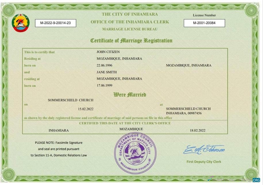 Download Mozambique marriage certificate Word and PDF template Photoshop template